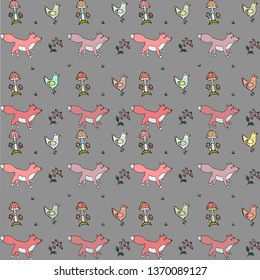 vector seamless pattern with foxes and birds