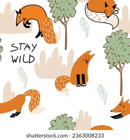 Vector seamless pattern with foxes. Cute cartoon characters.