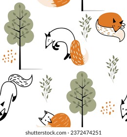 Vector seamless pattern with foxes. Cute cartoon characters.