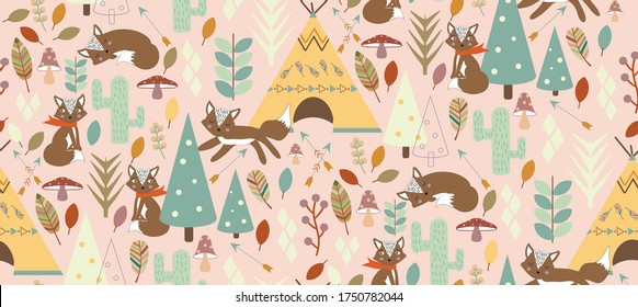 vector seamless pattern with foxes, featuring a tribal vibe.