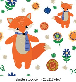 Vector seamless pattern with foxes and flowers.
