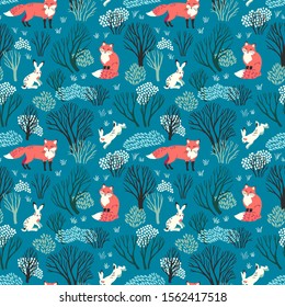 Vector seamless pattern with foxes and hares in the woodland