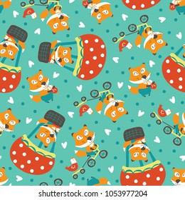 Vector seamless pattern with foxes and hens