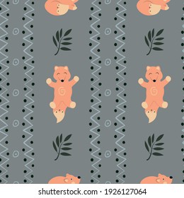 Vector seamless pattern with foxes, leaves and grey-blue background for fabric, scrapbooking, wrapping paper