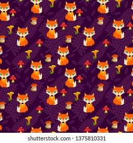 Vector seamless pattern with foxes and mushrooms
