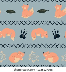 Vector seamless pattern with foxes, paws, leaves and grey-blue background for fabric, scrapbooking, wrapping paper