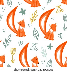 Vector seamless pattern with foxes and plants. Scandinavian, Doodle, hand drawn styles