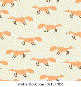 vector seamless pattern with foxes running and drops.