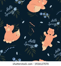 Vector seamless pattern with foxes, signatures, flowers, leaves and dark blue background for fabric, scrapbooking, wrapping paper