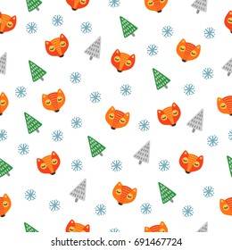 Vector seamless pattern with foxes, snowflakes and Christmas trees, Christmas theme. New Year's background, print for clothes, wrapping gift paper, cloth.