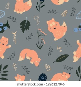 Vector seamless pattern with foxes, symbols, flowers, leaves and grey-blue background for fabric, scrapbooking, wrapping paper