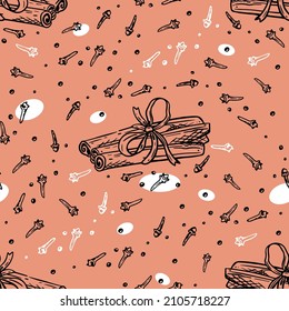 Vector seamless pattern of fragrant condiments. Spices  cinnamon sticks, cloves. Design for printing on textiles, paper, packaging, wallpaper. 