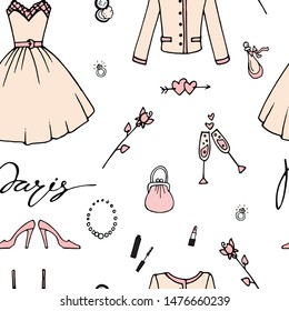 Vector seamless pattern with france theme . La vie en rose. Paris. Romantic date , love, pink, champagne