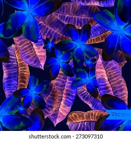 Vector seamless pattern with frangipani leaves and flowers. Textile pattern with tropical modern flowers.