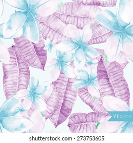 Vector seamless pattern with frangipani leaves and flowers. Textile pattern with tropical modern flowers.