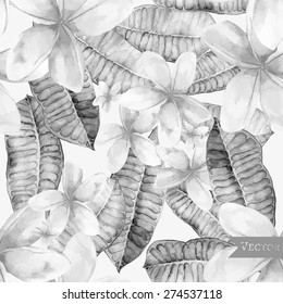 Vector seamless pattern with frangipani leaves and flowers. Textile pattern with tropical modern flowers.