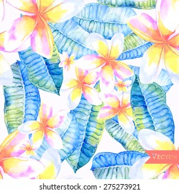 Vector seamless pattern with frangipani leaves and flowers. Textile pattern with tropical modern flowers.