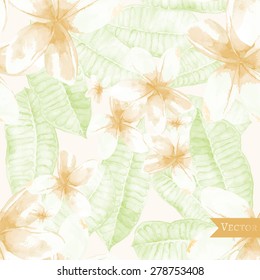 Vector seamless pattern with frangipani leaves and flowers. Textile pattern with tropical modern flowers.
