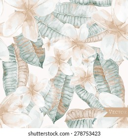 Vector seamless pattern with frangipani leaves and flowers. Textile pattern with tropical modern flowers.