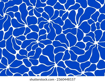 Vector seamless pattern with freehand blue silhouettes of floral organic shapes. Matisse abstract flower art. Hand drawn design for wallpaper, wall decor, textile, package, cover, template, banner.