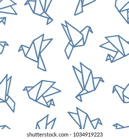 Vector seamless pattern with freehand drawn cartoon paper origami birds made in kid childish style on white background