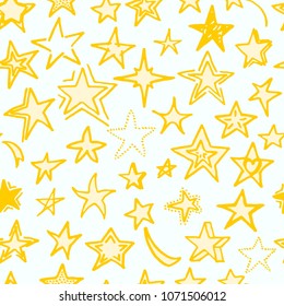 Vector seamless pattern with freehand drawn cartoon shiny bright yellow gold stars made in kid childish style on light blue background
