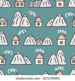 Vector seamless pattern with freehand drawn cartoon houses with windows chimney smoke mountains rocks north made in kid childish style on dark cyan green background. Village houses landscape.