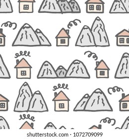 Vector seamless pattern with freehand drawn cartoon houses with windows chimney smoke mountains rocks north made in kid childish style on white background. Village houses landscape.