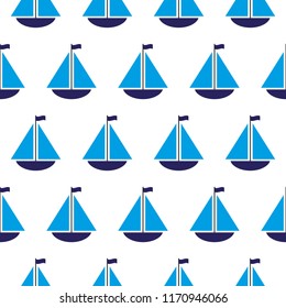 Vector seamless pattern with freehand drawn cartoon sea ocean sail sailing ships boats transport waves waves made in kid childish style on dark blue background