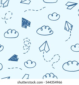 Vector seamless pattern with freehand drawn cartoon paper planes and clouds on blue background