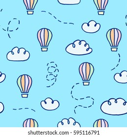Vector seamless pattern with freehand drawn cartoon balloons and clouds on blue background