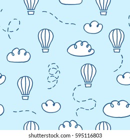 Vector seamless pattern with freehand drawn cartoon balloons and clouds on blue background