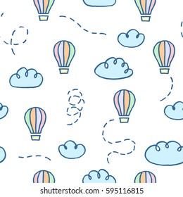 Vector seamless pattern with freehand drawn cartoon balloons and clouds on white background