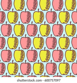 Vector seamless pattern with freehand drawn cartoon green and red apples on blue background