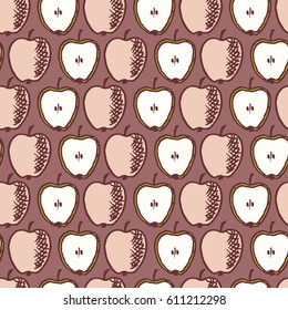 Vector seamless pattern with freehand drawn cartoon apples on brown background
