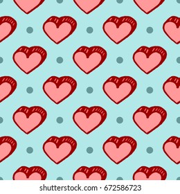 Vector seamless pattern with freehand drawn cartoon hearts on blue background with polka dots