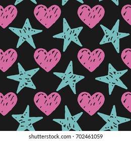 Vector seamless pattern with freehand drawn cartoon hearts and stars on black background