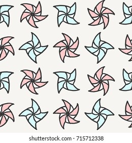 Vector seamless pattern with freehand drawn cartoon windmills on beige background