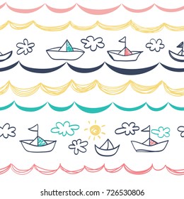 Vector seamless pattern with freehand drawn cartoon paper ships anchors and waves on blue background