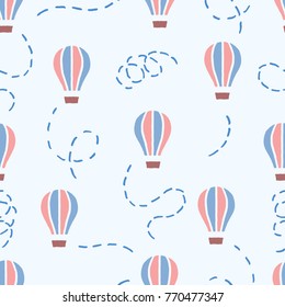 Vector seamless pattern with freehand drawn cartoon balloons and tracks on light blue background made in kid childish style in gentle pastel colors