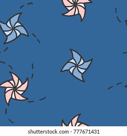 Vector seamless pattern with freehand drawn cartoon windmills with rotated tracks on dark blue background