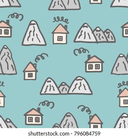 Vector seamless pattern with freehand drawn cartoon houses with windows chimney smoke mountains rocks north made in kid childish style on cyan background