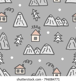 Vector seamless pattern with freehand drawn cartoon houses with windows chimney smoke mountains rocks fir trees snow snowflakes north made in kid childish style on grey background
