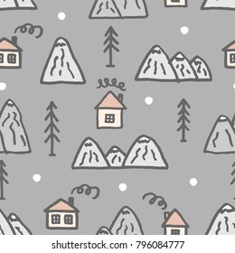 Vector seamless pattern with freehand drawn cartoon houses with windows chimney smoke mountains rocks fir trees snow snowflakes north made in kid childish style on grey background