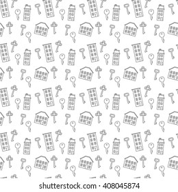 Vector Seamless Pattern Of Freehand Real Estate Icons - Multi-story Building, Cottage, Key