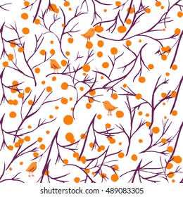 A vector seamless pattern with freehand watercolor drawings of abstract tree branches, yellow and orange fruits and quirky little birds, on white background