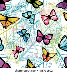 A vector seamless pattern with freehand watercolour drawings of teal blue, pastel pink, and purple butterflies on faded skeleton leaves. Abstract nature background