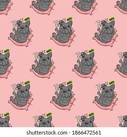 Vector seamless pattern with french bulldog on pillow with glass of champagne with garland