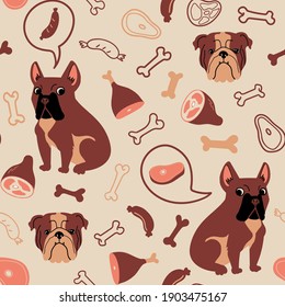 Vector seamless pattern with French Bulldog, Bulldog, bones, sausages, ham and steaks on beige background. Cute dogs illustration for fabric, textile, background, wallpaper
