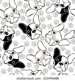 Vector seamless pattern with French Bulldog and traces. 